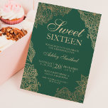 Convite Escuro-esverdeado-esverdeado elegante Sweet dezess<br><div class="desc">Uma ilustração floral moderna,  bonito e elegante em ouro e verde-escuro Doce 16 convites de festas com flores douradas.</div>