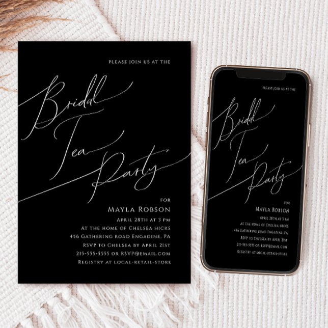 Convite Escuro Minimalista do Partido Chá Negra Bridal (Criador carregado)