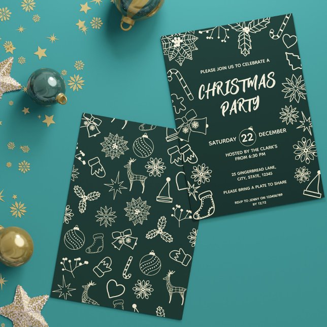 Convite Escuro Mínimo Moderno Verde e Dourado Natal Elegan (Modern Minimalist Dark Green and Gold Elegant Xmas Invitation)