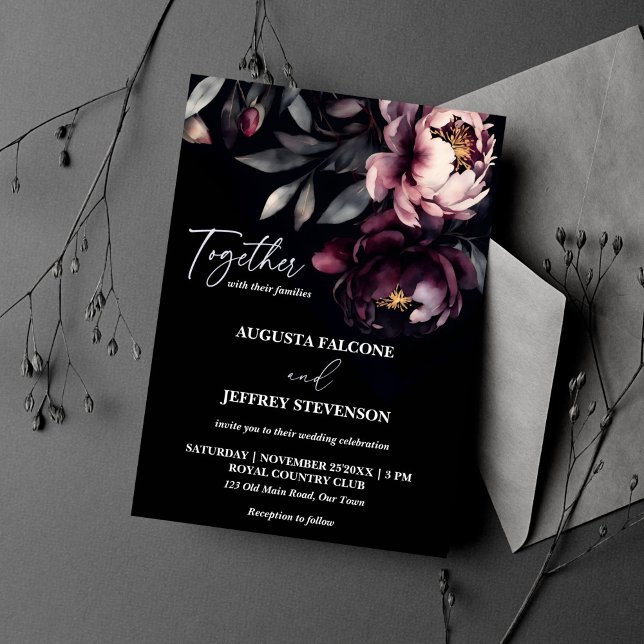 Convite Escuro, noir elegante, tudo em um casamento (Dark moody noir elegant all in one wedding template invitation digital download burgundy peonies)
