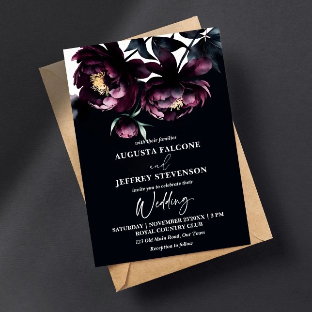 Convite Escuro, noir elegante, tudo em um casamento (Dark moody noir peonies elegant all in one wedding editable template invitation digital download )