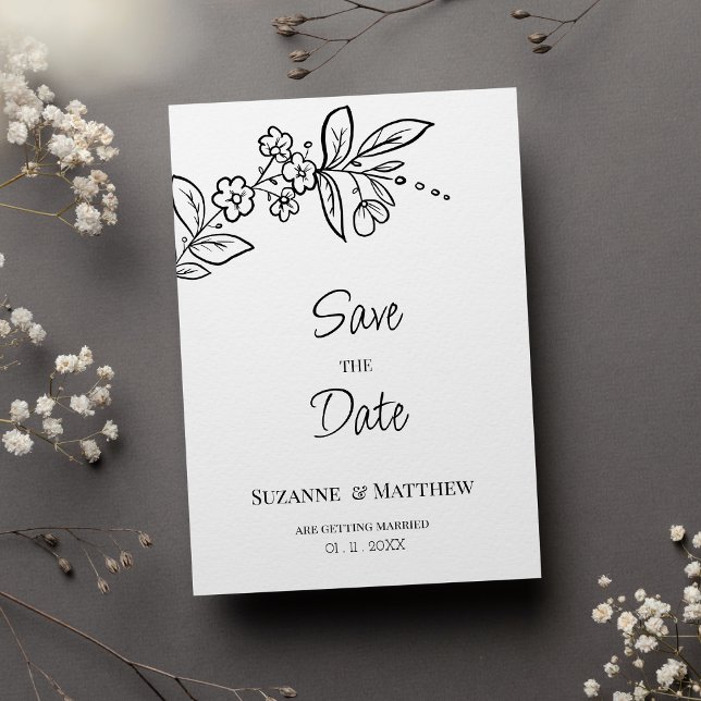 Convite Escuro preto branco simples floral Salve a data (Elegant black white simple floral Save the Date)