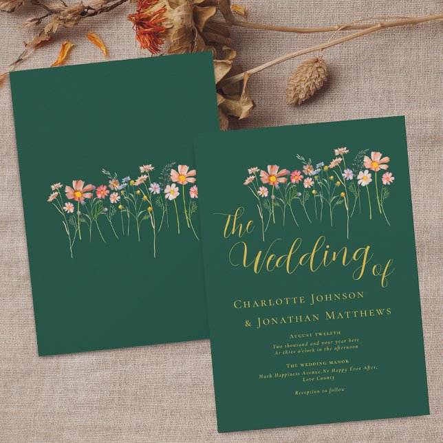 Convite Escuro Verde-Escuro-Dourado, Escuro-do-campo (Wildflower boho fall floral dark green & gold fall Wedding invitation Elegant script watercolor)