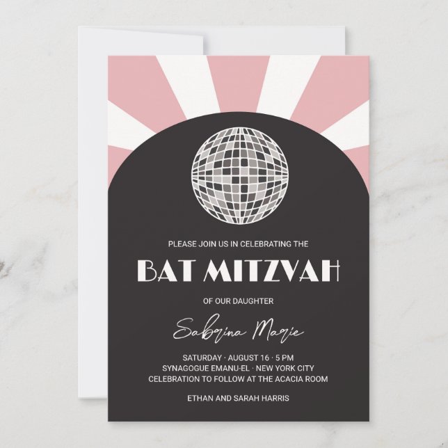 Convite Esfera de disco preto-rosa-preto Bat Mitzvah (Frente)