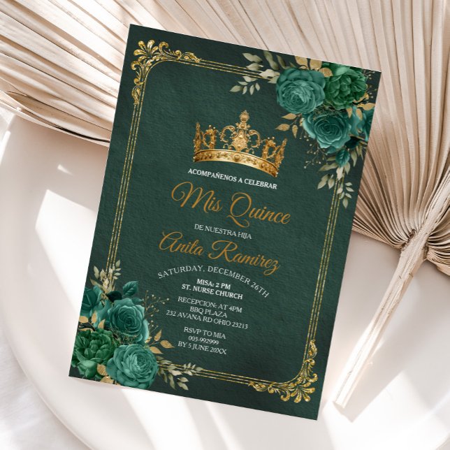 Convite Esmerald Verde Floral e Dourado Mis Quince (Criador carregado)
