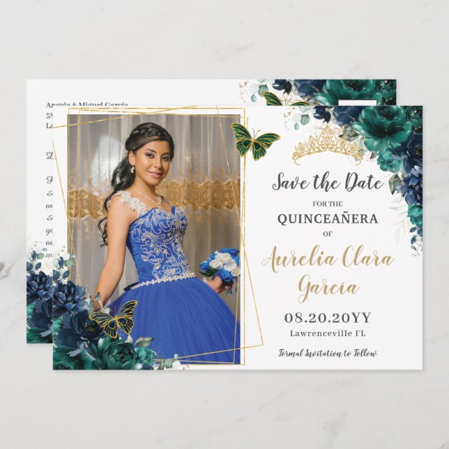 Convite Esmeralda Azul Marinho Floral Quinceañera Foto Eco (Frente/Verso)