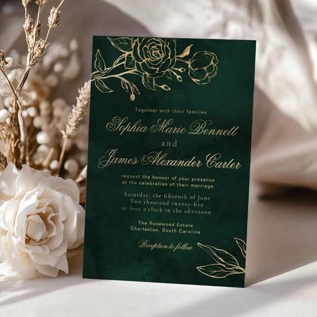 Convite Esmeralda Botânica e Elegante Casamento Dourado (Criador carregado)