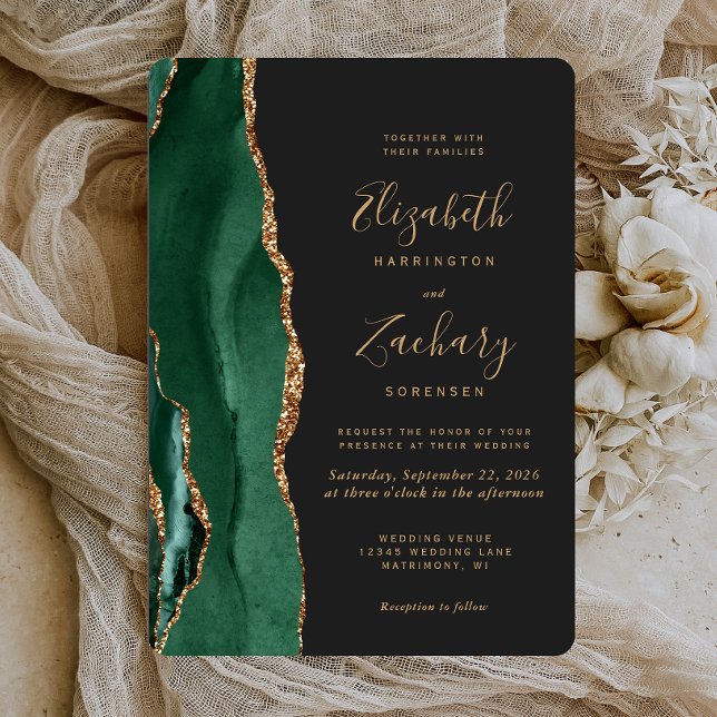 Convite Esmeralda Chic Verde Dourado Ágata Escuro Arredond (Criador carregado)
