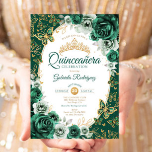 Convite Esmeralda Chic Verde Dourado Floral Quinceanera
