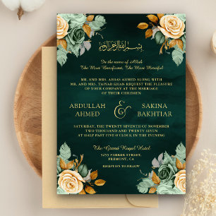 Convite Esmeralda Creme Floral Dourado Código QR Casamento