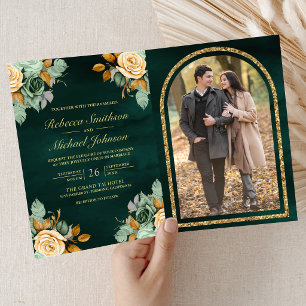 Convite Esmeralda Creme Floral Dourado Código QR Foto Casa