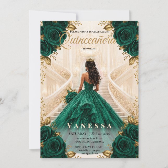 Convite Esmeralda e Ouro de Quinceanera (Frente)