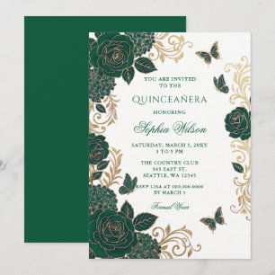 Convite Esmeralda Floral Borboleta Dourada Quinceañera