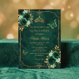 Convite Esmeralda Floral Borboleta Dourada Quinceañera