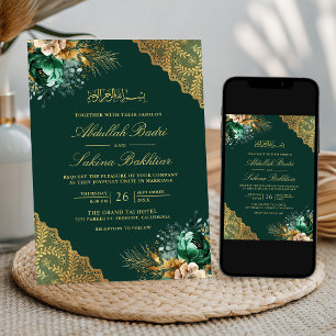 Convite Esmeralda Floral Dourado Renda Verde Casamento Muç