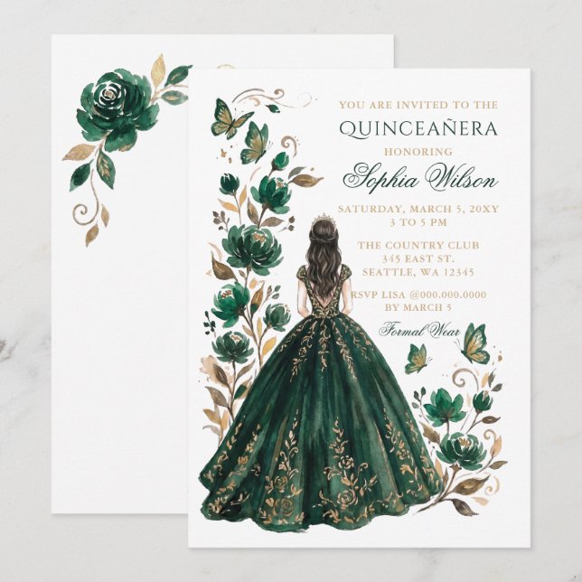 Convite Esmeralda Floral Princesa Borboleta Dourada Quince (Frente/Verso)