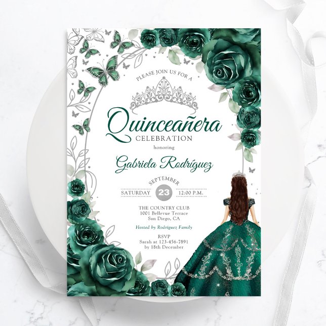 Convite Esmeralda Floral Verde Prata Quinceanera (Criador carregado)