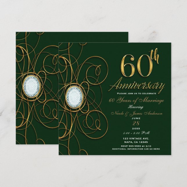 Convite Esmeralda Verde & Diamante Dourado 60 60º Aniversá (Frente/Verso)