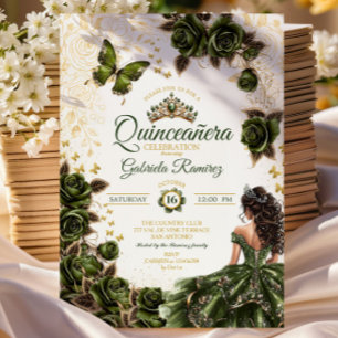 Convite Esmeralda Verde Dourada Tiara Floral Quinceañera