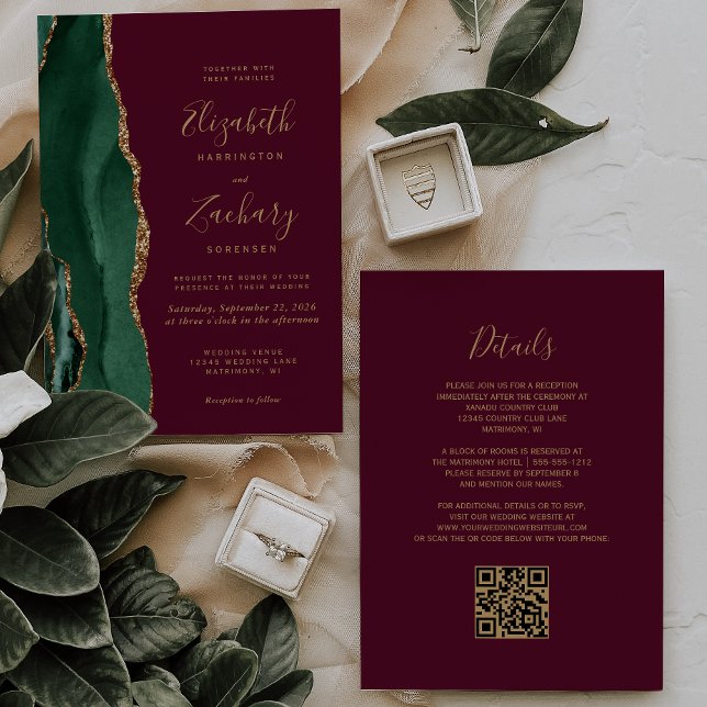 Convite Esmeralda Verde Dourado Ágata Burgundy Código QR C (Criador carregado)