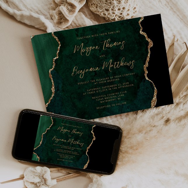 Convite Esmeralda Verde Dourado Ágata Script Casamento (Criador carregado)