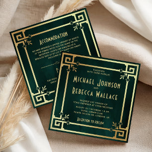 Convite Esmeralda Verde Dourado Art Deco Tudo em Um Casame