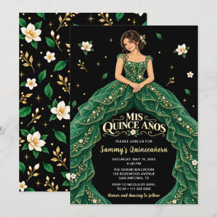 Convite Esmeralda Verde Dourado Floral Quinceañera