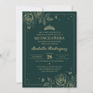 Convite Esmeralda Verde Dourado Floral Quinceañera