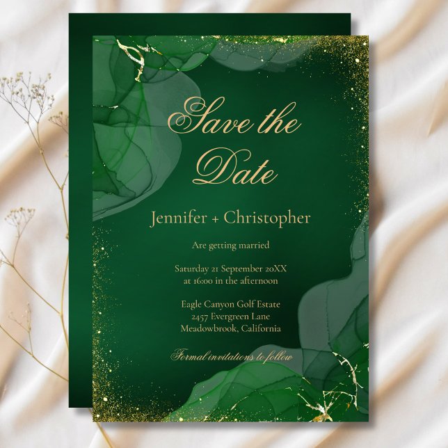 Convite Esmeralda Verde Dourado Mármore Casamento Salve A  (Emerald Green Gold Marble Wedding Save The Date Invitation)