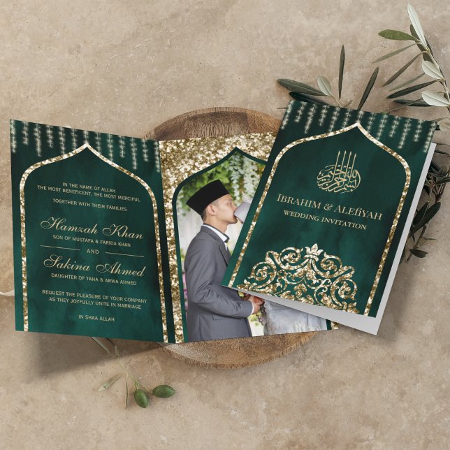 Convite Esmeralda Verde Dourado Vintage Arco Islâmico Casa (Criador carregado)