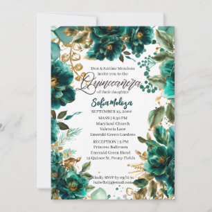Convite Esmeralda Verde e Dourada Quinceanera e Missa