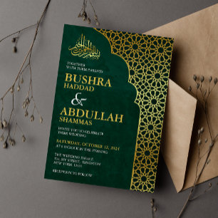 Convite Esmeralda Verde e Dourado Geométrico Casamento Isl