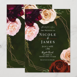 Convite Esmeralda Verde e Dourado Moderno Casamento Floral