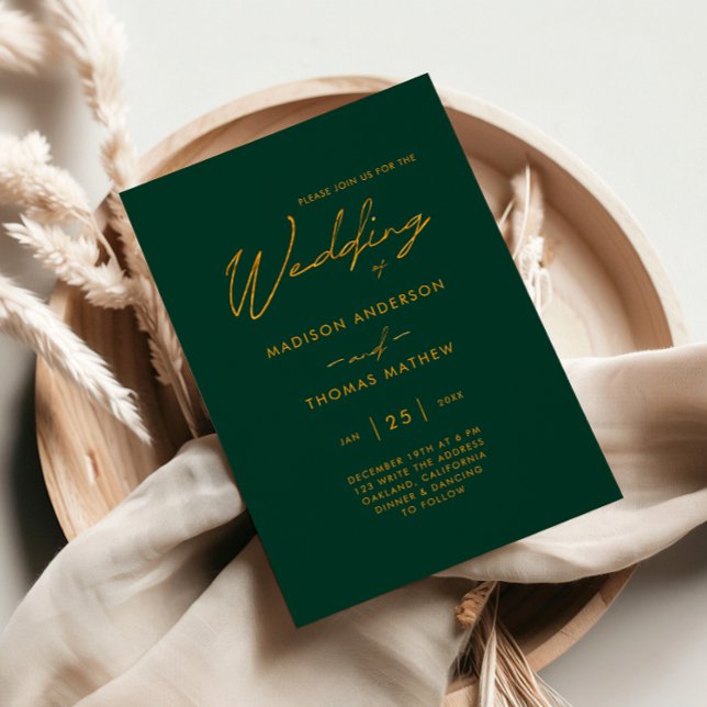 Convite Esmeralda Verde e Dourado Tipografia Moderna Casam (Criador carregado)