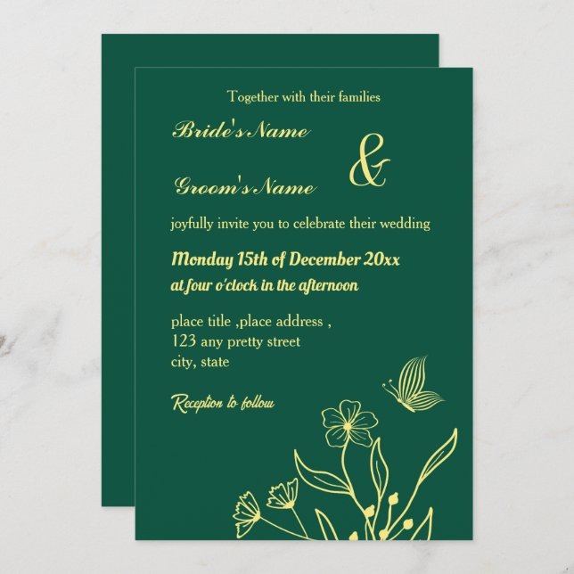 Convite Esmeralda verde-esmeralda-romântica com flor de ou (Frente/Verso)