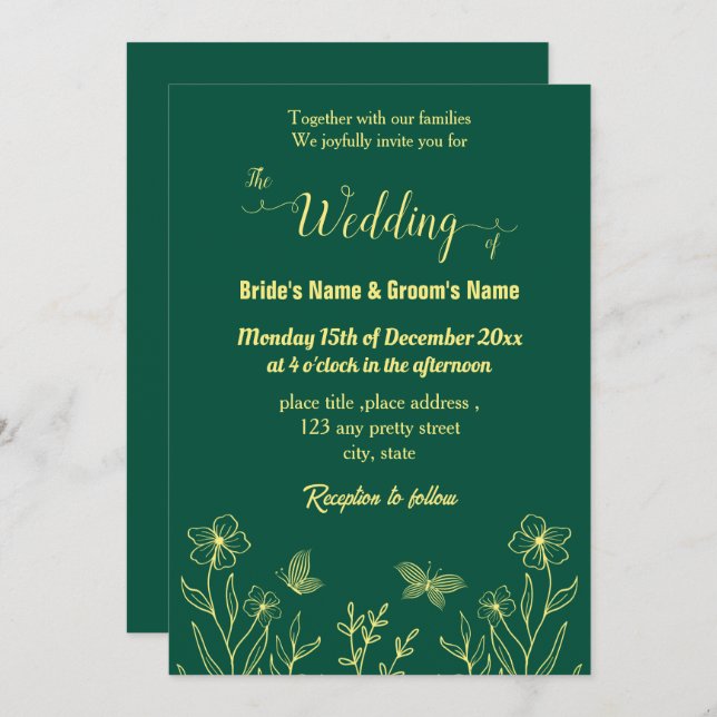 Convite Esmeralda verde-esmeralda-romântica com flor de ou (Frente/Verso)