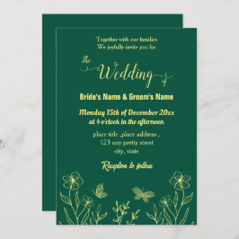 Convite Esmeralda verde-esmeralda-romântica com flor de ou