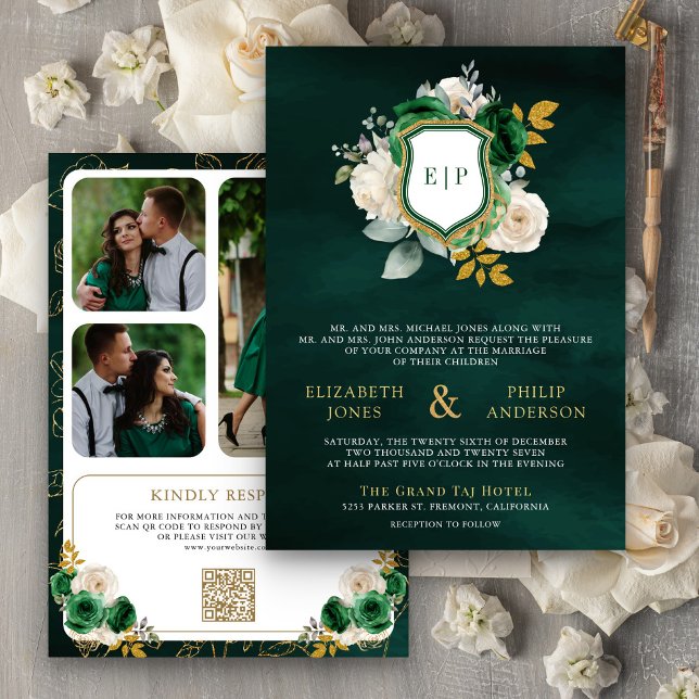 Convite Esmeralda Verde Floral Código QR Foto Brasão Casam (Criador carregado)