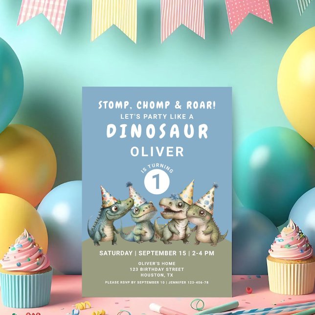 Convite Esômatos bonitos e Dinossauro Roar 1º Aniversário (Cute Stomp Chomp & Roar Dinosaur 1rst Birthday Invitation)