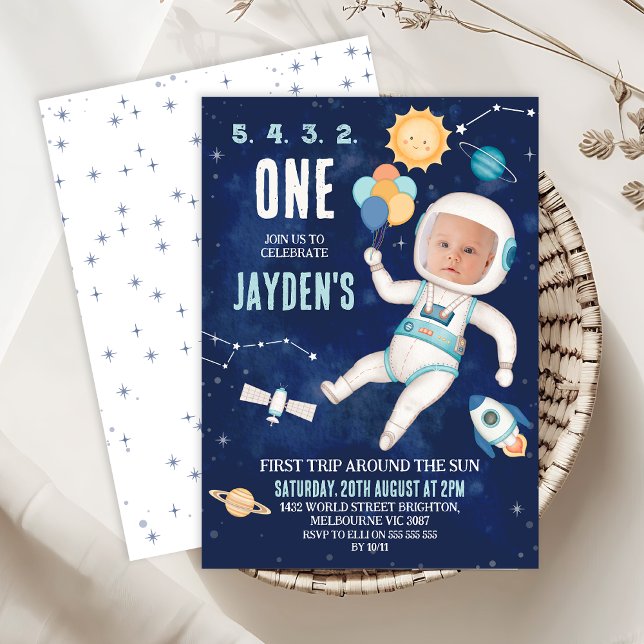 Convite Espaço Azul Cujo Primeiro Trilha Em Torno Do prime (First Trip Around The Sun 1st Birthday Invitation, Outer Space First Birthday Invitation Template, )