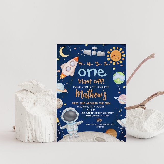 Convite Espaço Azul Primeira Viagem em torno do primeiro a (First trip around the sun 1st birthday invitation, Outer space birthday party invitation, blast off)