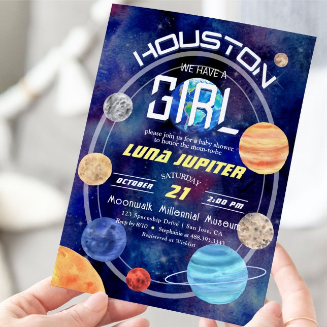 Convite Espaço Exterior, Houston Solar System Baby Girl Ch (Houston, We Have a Girl! Cute Solar System Space Themed Invitation.)