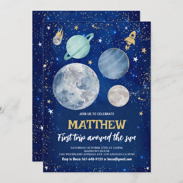 Convite Espaço Exterior Primeiro Aniversário (Frente/Verso)