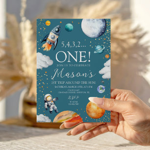 Convite Espaço Exterior Primeiro Aniversário Azul Foguete 