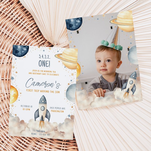Convite Espaço Primeira Viagem Em Torno Da Festa de aniver (First Trip Around The Sun Space First Birthday Invitation )