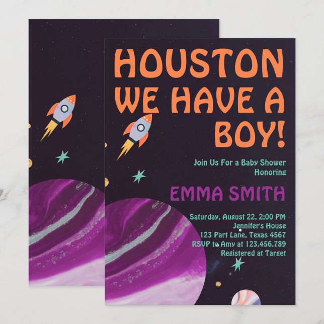 Convite Espaço Sideral Houston Nós Temos um Chuveiro de Be (Frente/Verso)