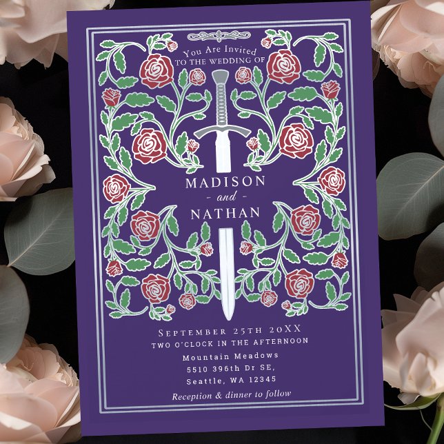 Convite Espada de Prata Roxa Casamento de Fantasia Medieva (Criador carregado)