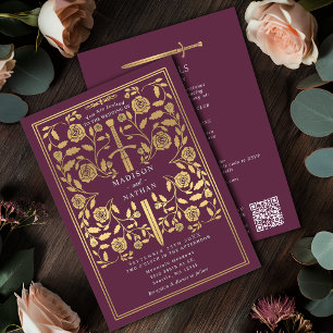 Convite Espada Dourada Medieval Real Mauve Código QR Casam