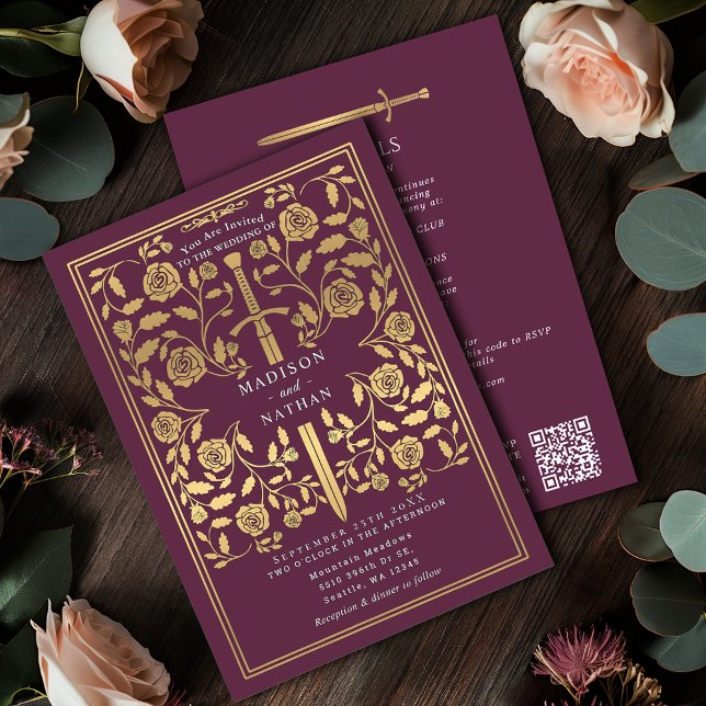 Convite Espada Dourada Medieval Real Mauve Código QR Casam (Criador carregado)