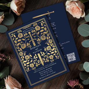 Convite Espada Dourada Real Medieval Azul Código QR Casame